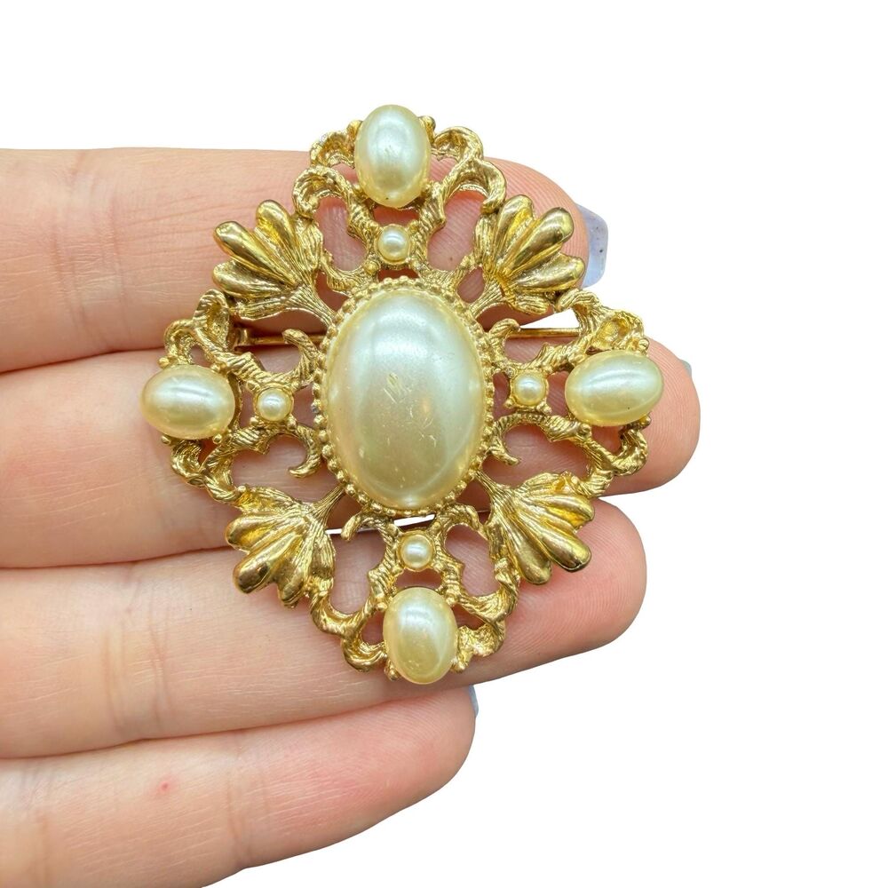 Vintage Jewelry Gold Tone Faux Pearl Victorian Brooch Victorian Pin